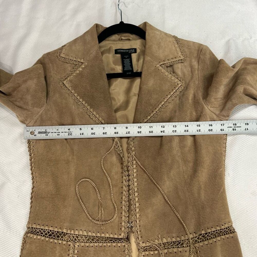 Kenneth Cole Leather Tan Suede‎ Crochet Trim Boho Hippie Jacket 6P Women’s - Picture 6 of 8